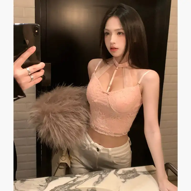 トップス  Tシャツ セットアップ セクシー レース 谷間を出す 切り替え 長袖 キャミソール +Tシャツ グレー ピンク