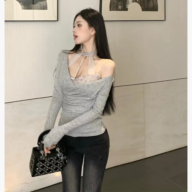 トップス  Tシャツ セットアップ セクシー レース 谷間を出す 切り替え 長袖 キャミソール +Tシャツ グレー ピンク
