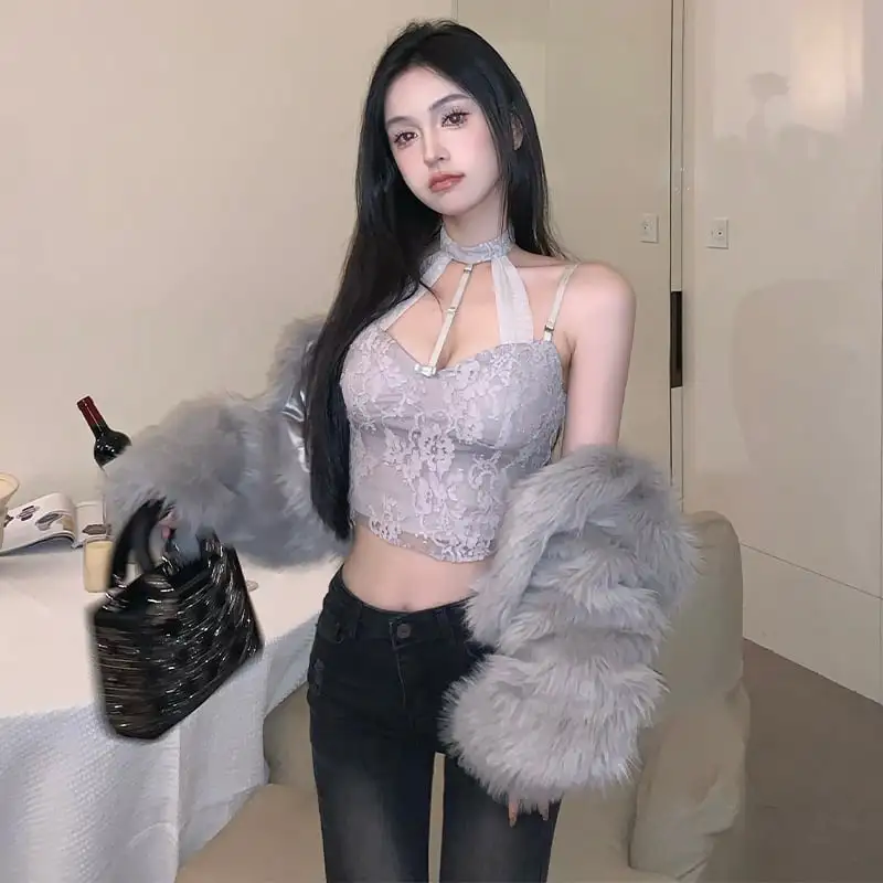 トップス  Tシャツ セットアップ セクシー レース 谷間を出す 切り替え 長袖 キャミソール +Tシャツ グレー ピンク