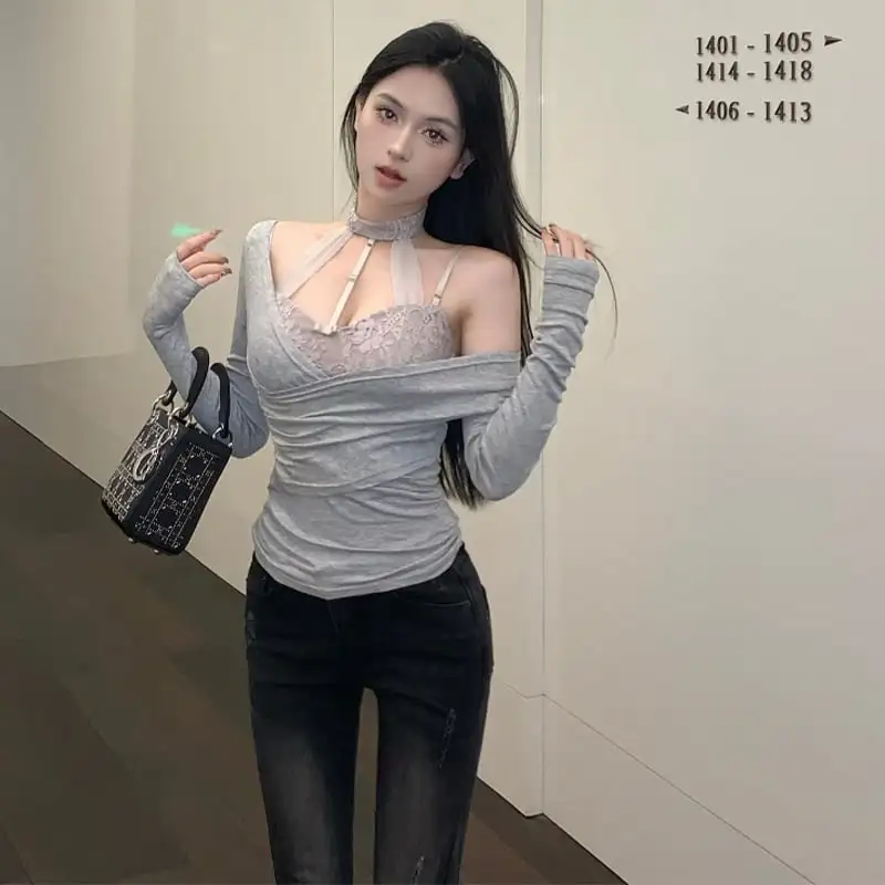 トップス  Tシャツ セットアップ セクシー レース 谷間を出す 切り替え 長袖 キャミソール +Tシャツ グレー ピンク