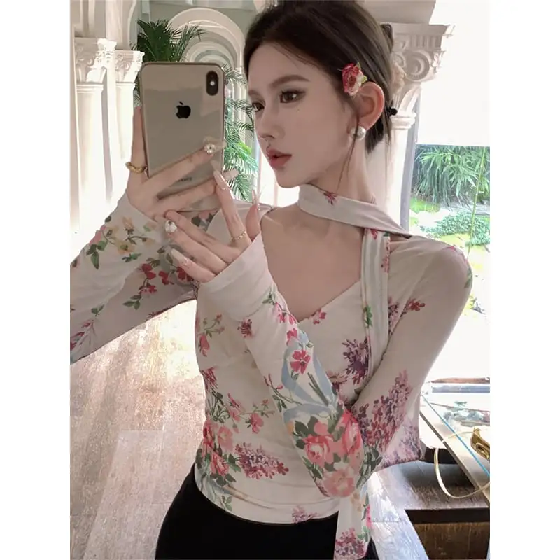 トップス Tシャツ オシャレ 長袖 花柄 レトロ セクシー Vネック