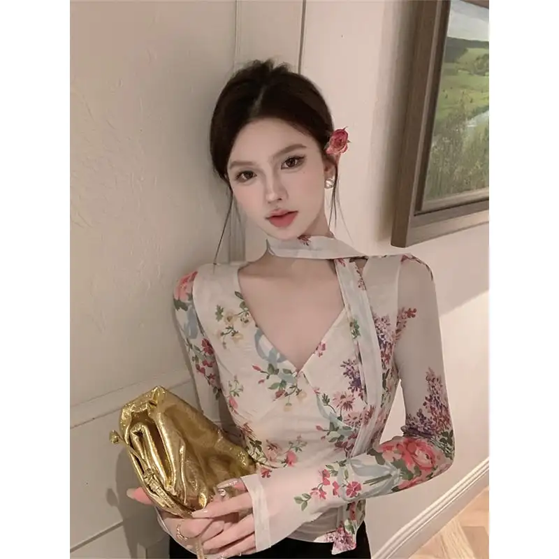 トップス Tシャツ オシャレ 長袖 花柄 レトロ セクシー Vネック