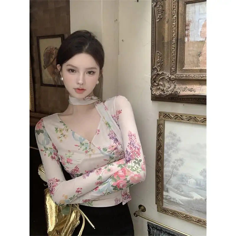トップス Tシャツ オシャレ 長袖 花柄 レトロ セクシー Vネック