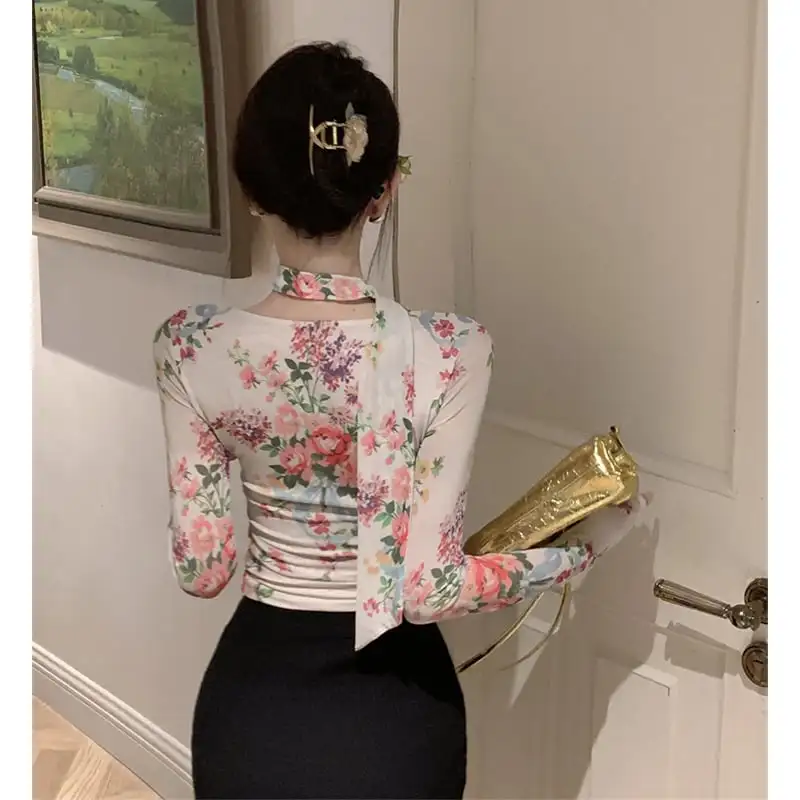 トップス Tシャツ オシャレ 長袖 花柄 レトロ セクシー Vネック