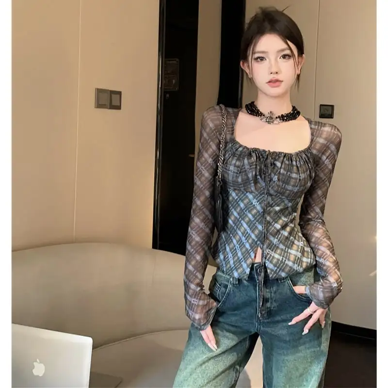 トップス Tシャツ セクシー レトロ 長袖 チェック柄 チュール素材 ブルー
