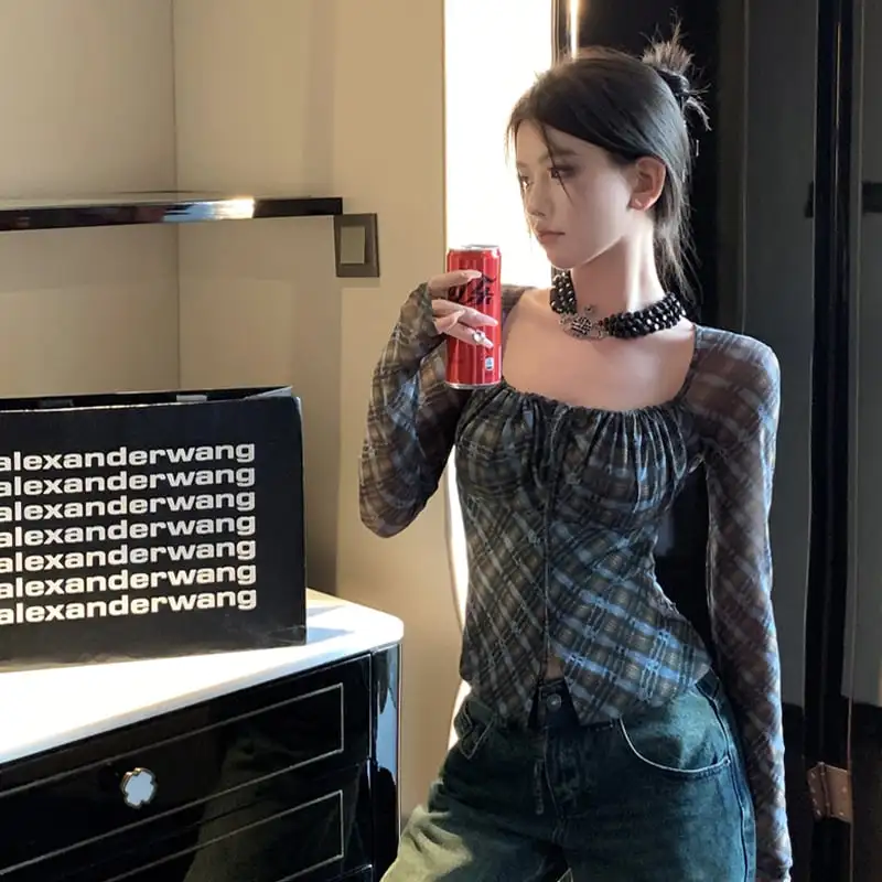 トップス Tシャツ セクシー レトロ 長袖 チェック柄 チュール素材 ブルー
