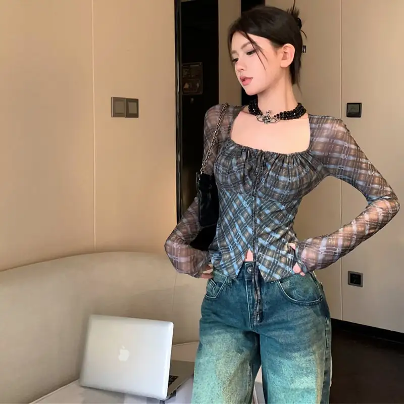トップス Tシャツ セクシー レトロ 長袖 チェック柄 チュール素材 ブルー
