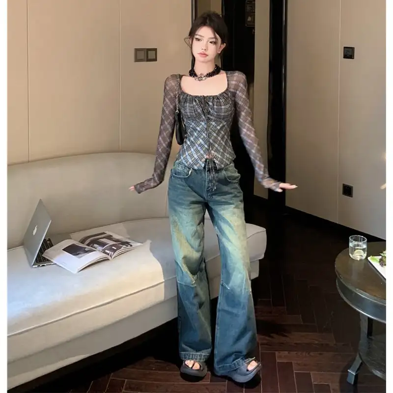 トップス Tシャツ セクシー レトロ 長袖 チェック柄 チュール素材 ブルー