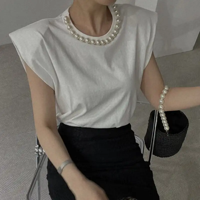 トップス Tシャツ ファッション 人工真珠 ブラック ホワイト