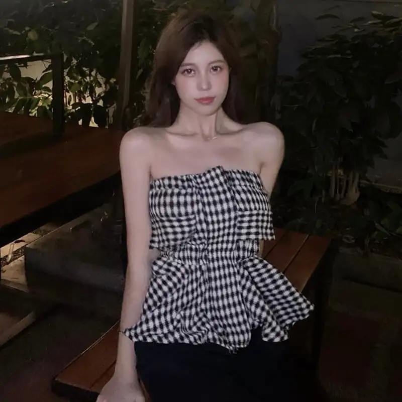 トップス キャミソール セクシー チェック柄 ペプラム
