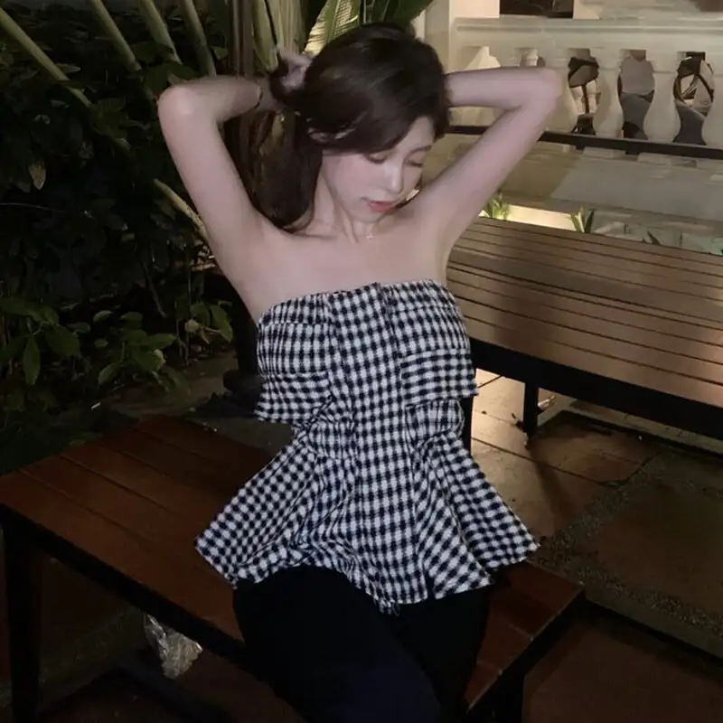 トップス キャミソール セクシー チェック柄 ペプラム