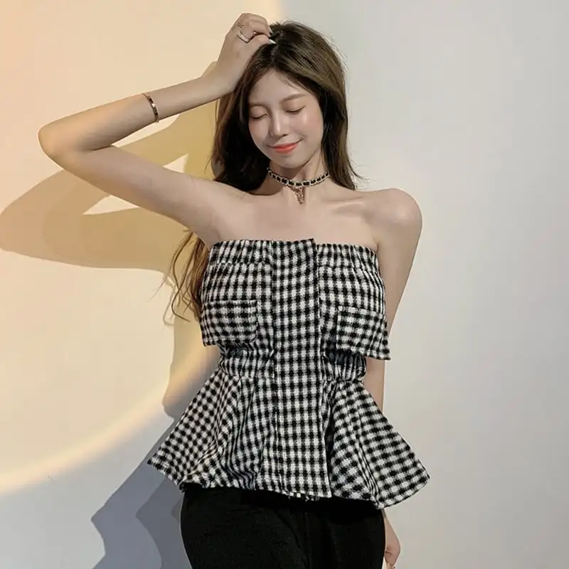 トップス キャミソール セクシー チェック柄 ペプラム