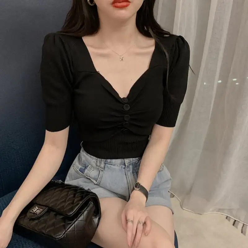トップス Tシャツ 5色展開 セクシー ニット パープル ホワイト ブラック グリーン アプリコット