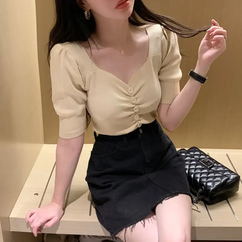 トップス Tシャツ 5色展開 セクシー ニット パープル ホワイト ブラック グリーン アプリコット