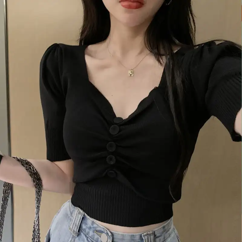 トップス Tシャツ 5色展開 セクシー ニット パープル ホワイト ブラック グリーン アプリコット