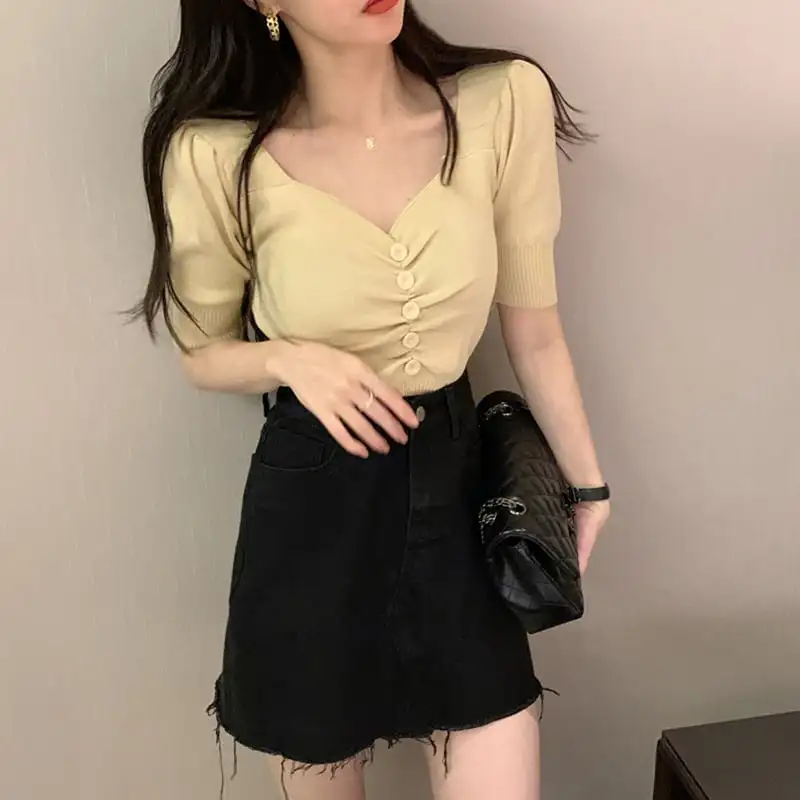 トップス Tシャツ 5色展開 セクシー ニット パープル ホワイト ブラック グリーン アプリコット