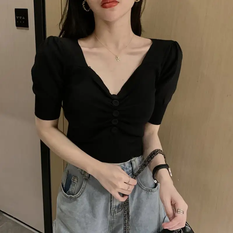 トップス Tシャツ 5色展開 セクシー ニット パープル ホワイト ブラック グリーン アプリコット