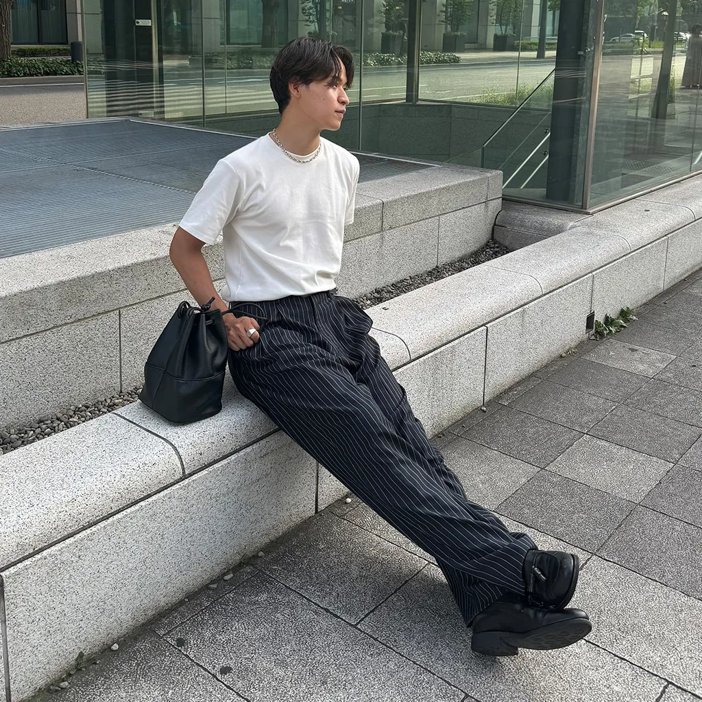 (ユニセックス) ストライプバックゴムスラックス