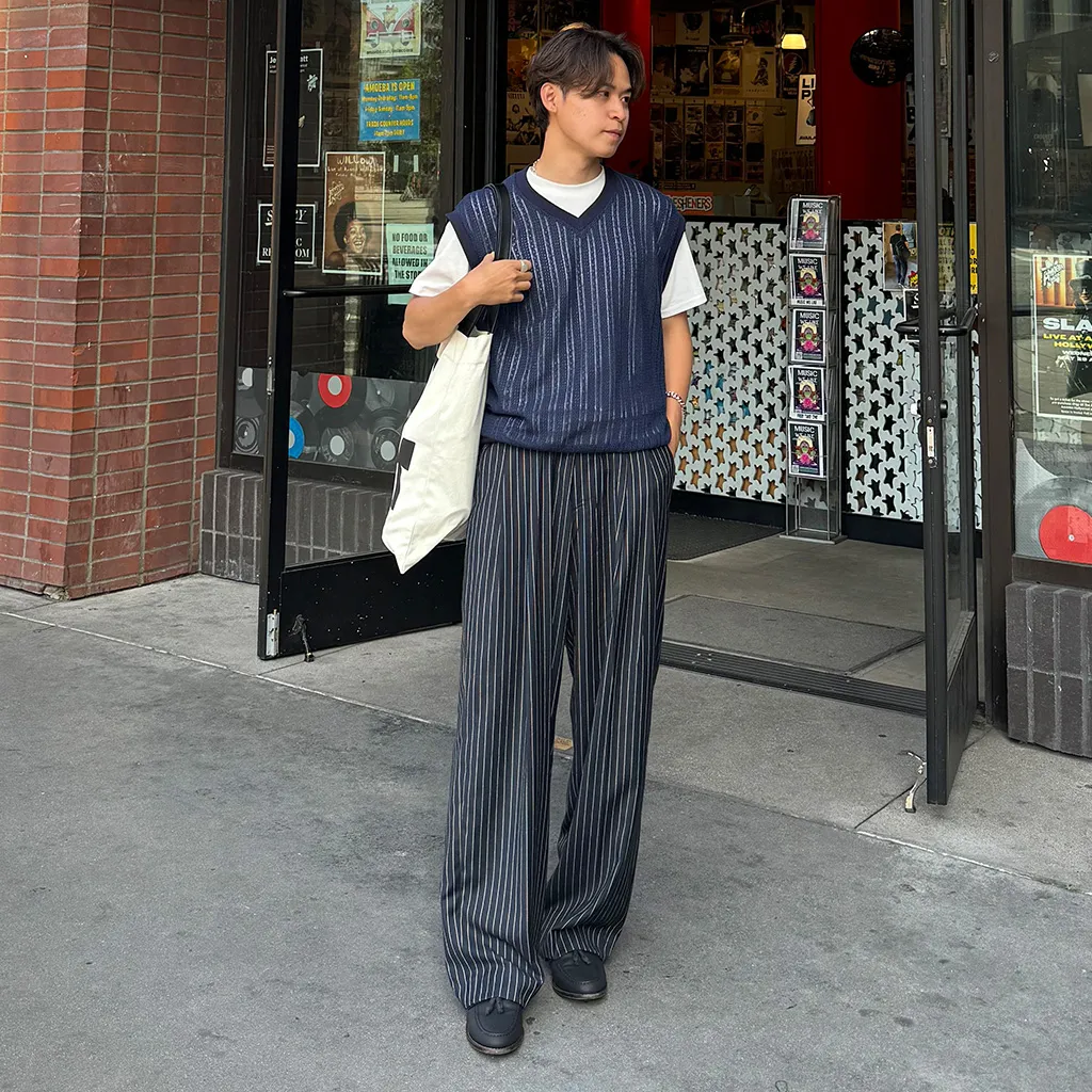 (ユニセックス) ストライプバックゴムスラックス