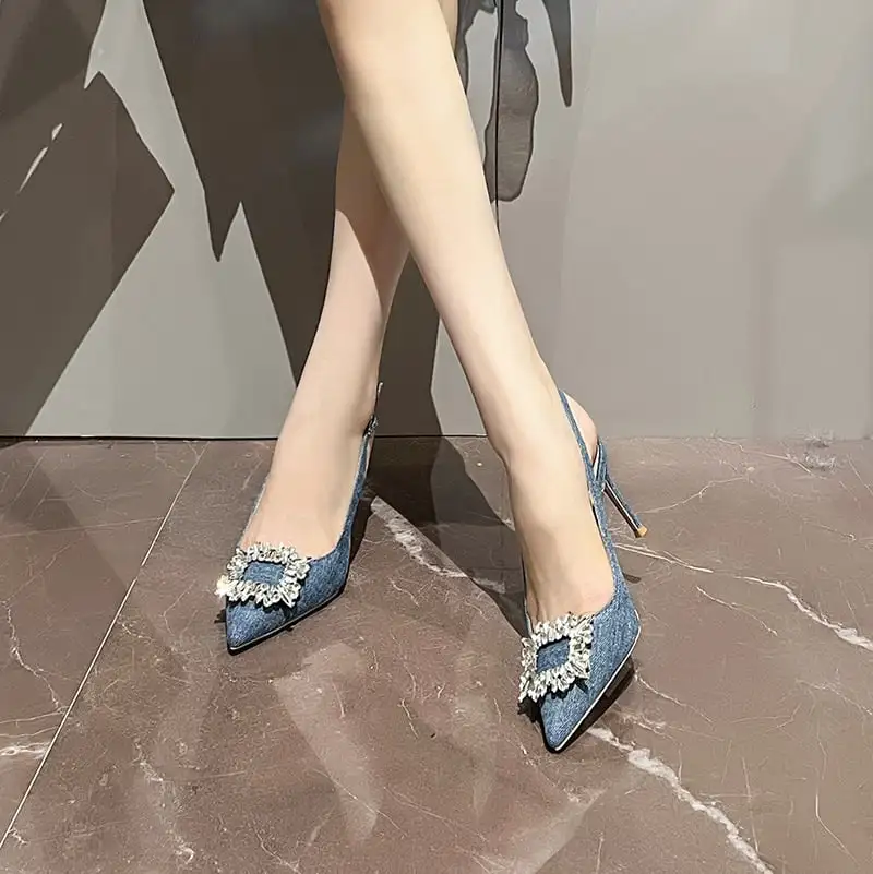 シューズ パンプス 高さ3種 定番 デニム ラインストーン ブルー 6CM/8CM/10CM