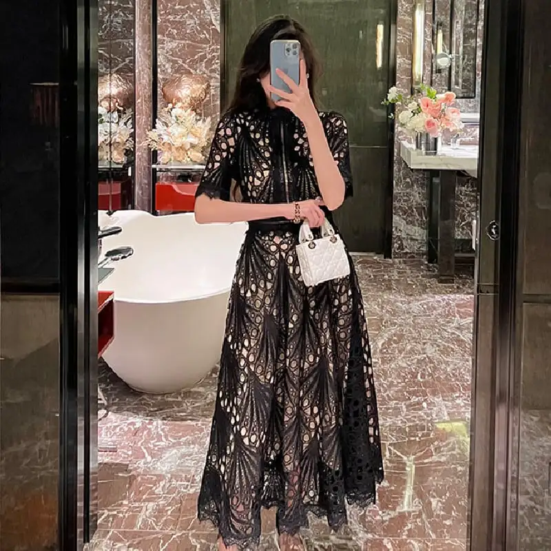 【RIMIシリーズ】ロングワンピース レース レトロ 黒 大振裾 ブラック S M L XL 2XL