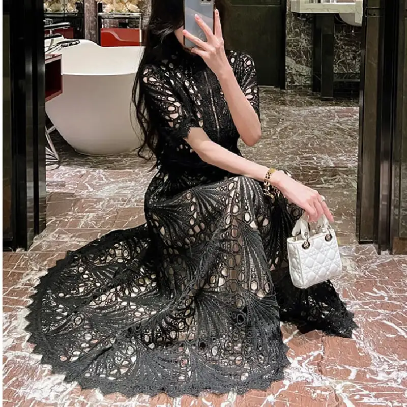 【RIMIシリーズ】ロングワンピース レース レトロ 黒 大振裾 ブラック S M L XL 2XL