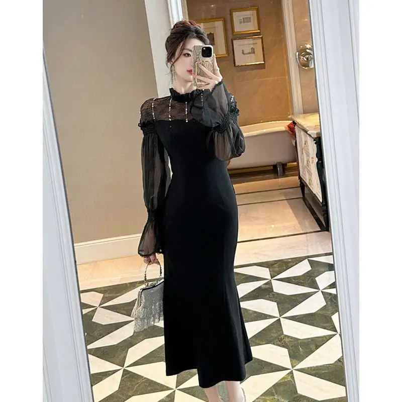 ワンピース レース 黒 フィッシュテール スピーカースリーブ ブラック S M L XL