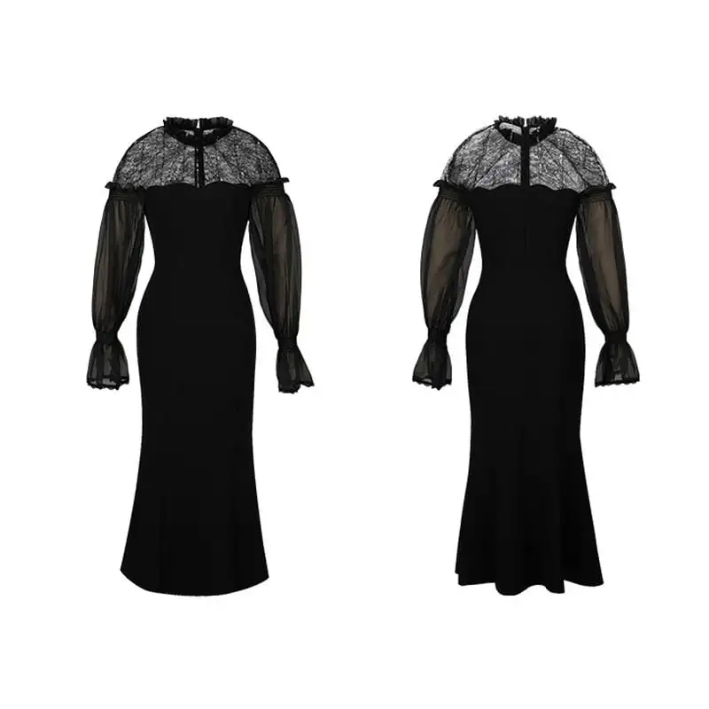 ワンピース レース 黒 フィッシュテール スピーカースリーブ ブラック S M L XL