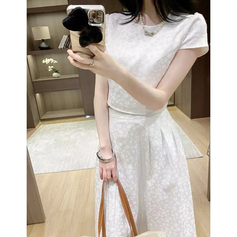 セットアップ トップス+スカート ラウンドネック 花柄 ホワイト ブラック S M L XL