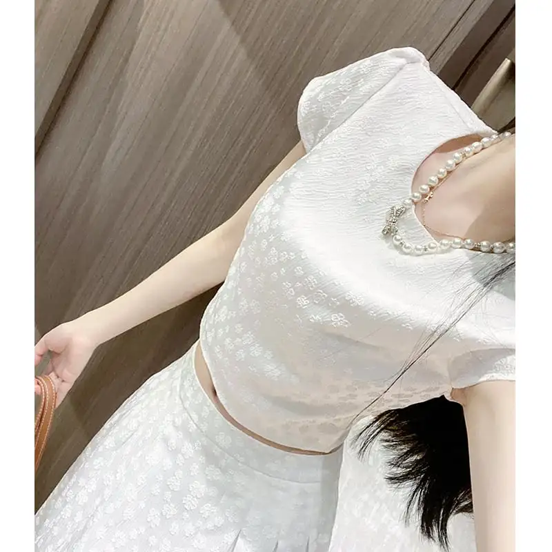 セットアップ トップス+スカート ラウンドネック 花柄 ホワイト ブラック S M L XL