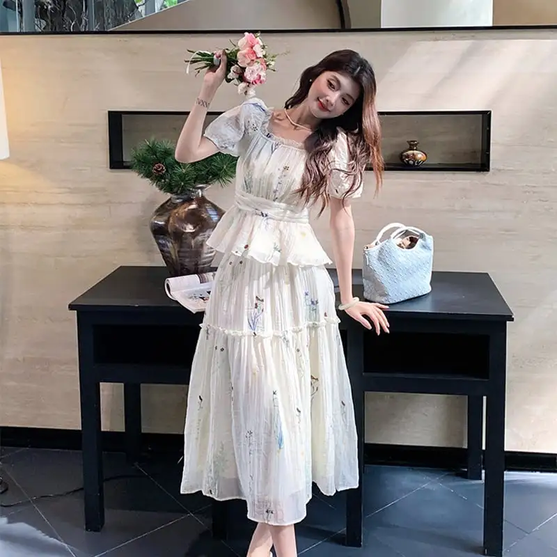 セットアップ トップス+スカート スクエアネック パフスリーブ 刺繡 ベージュ S M L XL 2XL