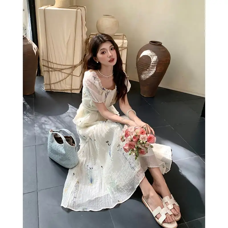 セットアップ トップス+スカート スクエアネック パフスリーブ 刺繡 ベージュ S M L XL 2XL