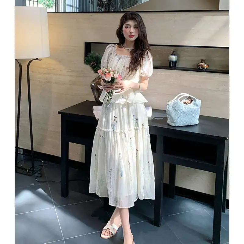 セットアップ トップス+スカート スクエアネック パフスリーブ 刺繡 ベージュ S M L XL 2XL