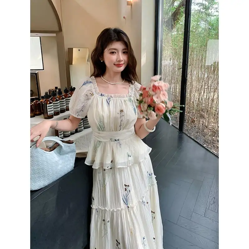 セットアップ トップス+スカート スクエアネック パフスリーブ 刺繡 ベージュ S M L XL 2XL