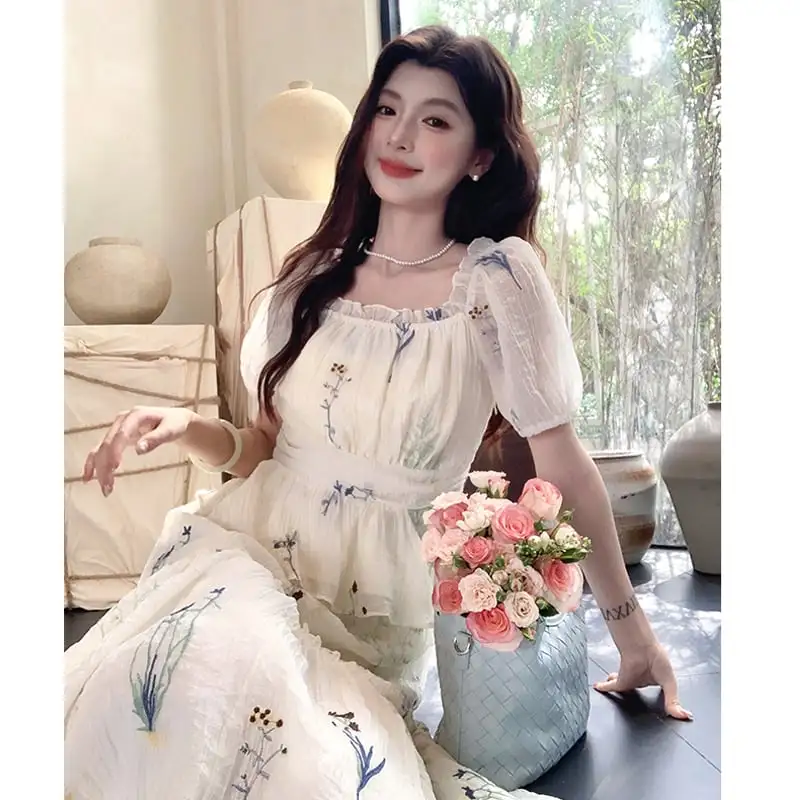 セットアップ トップス+スカート スクエアネック パフスリーブ 刺繡 ベージュ S M L XL 2XL