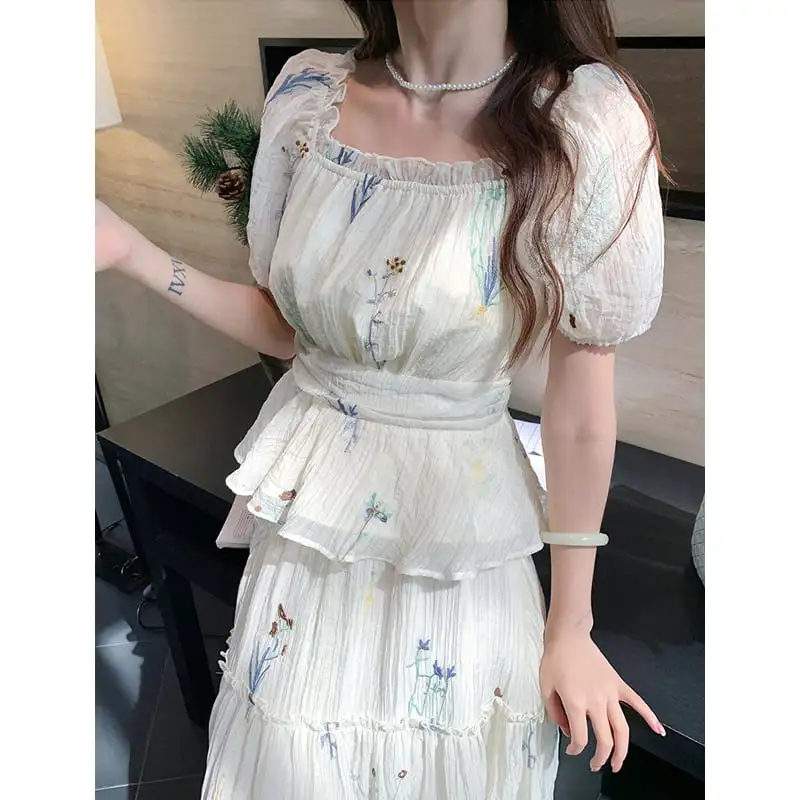 セットアップ トップス+スカート スクエアネック パフスリーブ 刺繡 ベージュ S M L XL 2XL