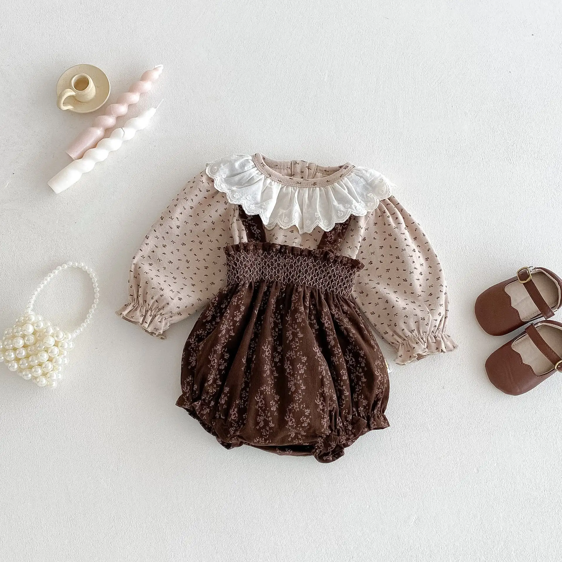 【66-100cm】ブラウンフラワーＴシャツ＆サロペット