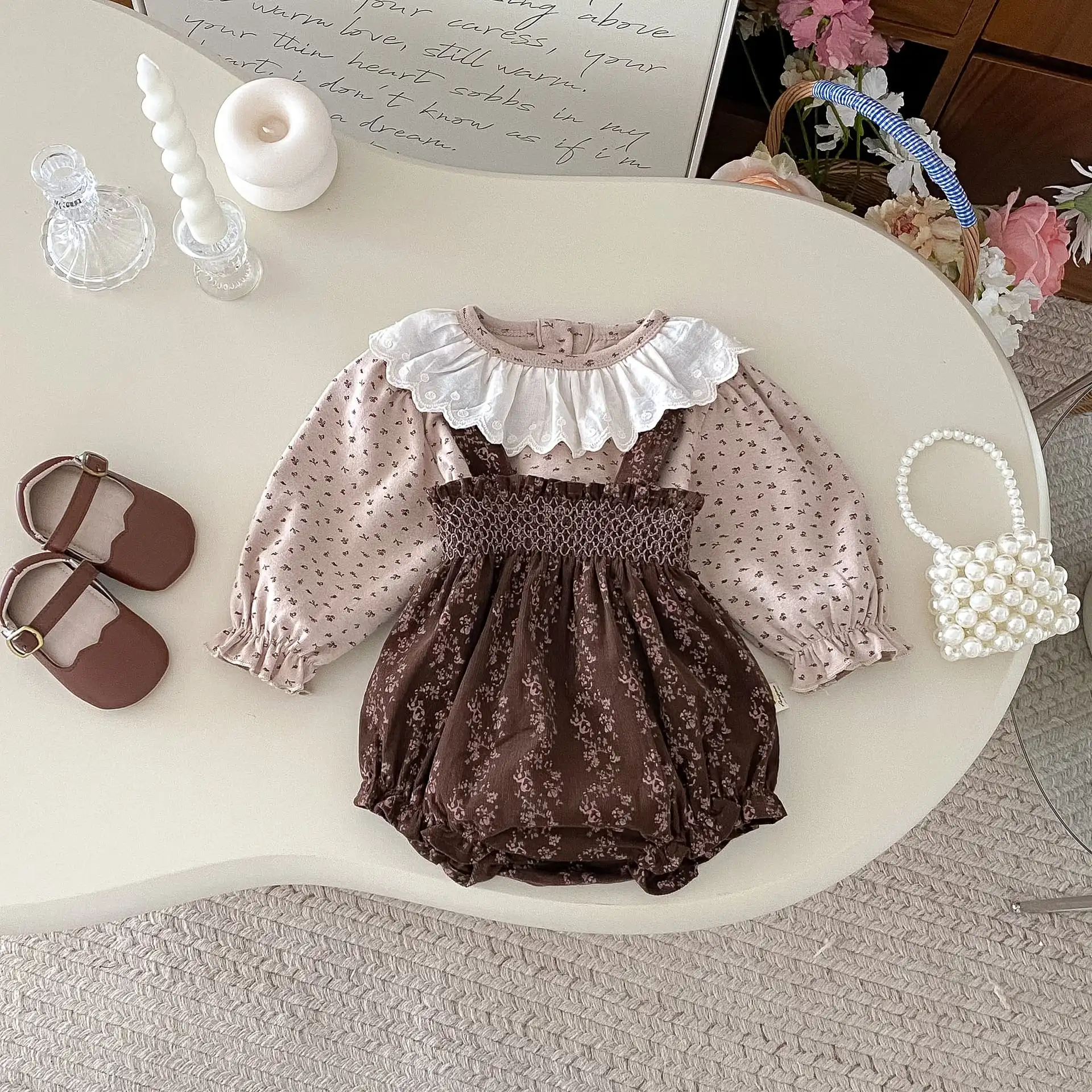 【66-100cm】ブラウンフラワーＴシャツ＆サロペット