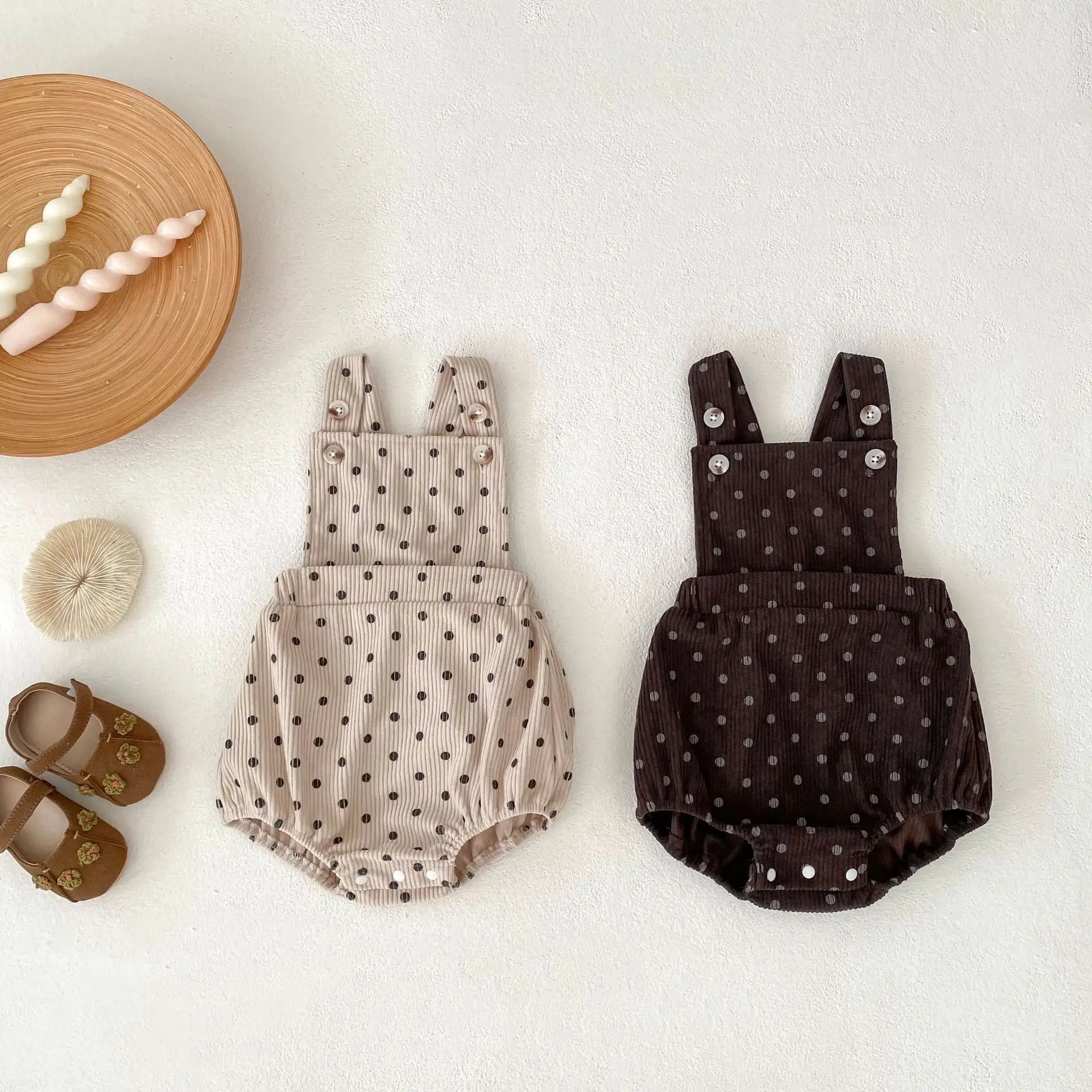 【66-90cm】秋新作 可愛いドットサロペロンパース