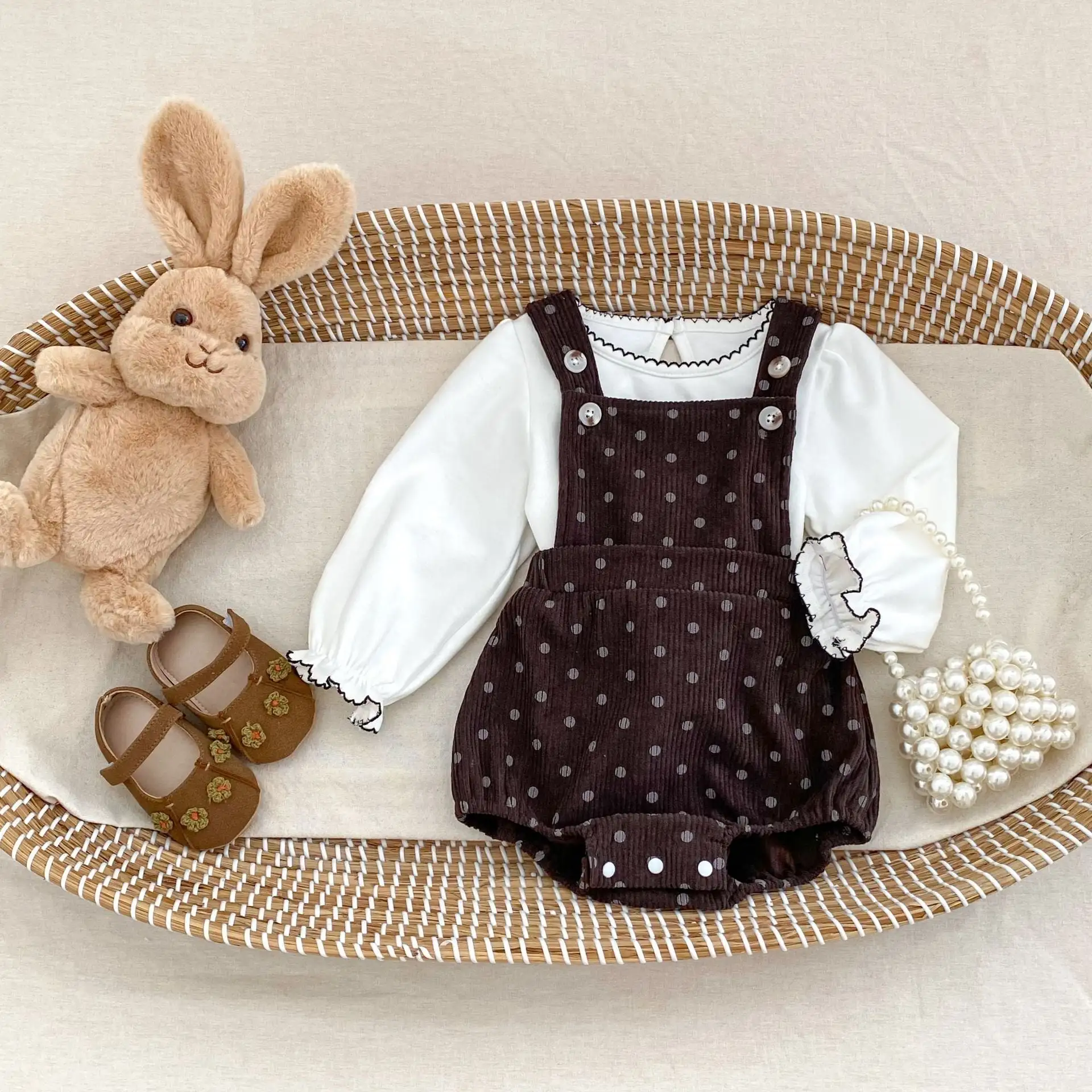 【66-90cm】秋新作 可愛いドットサロペロンパース