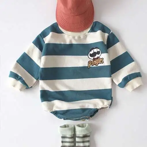 【66-90cm】可愛いひげおじさん長袖ボーダーロンパース