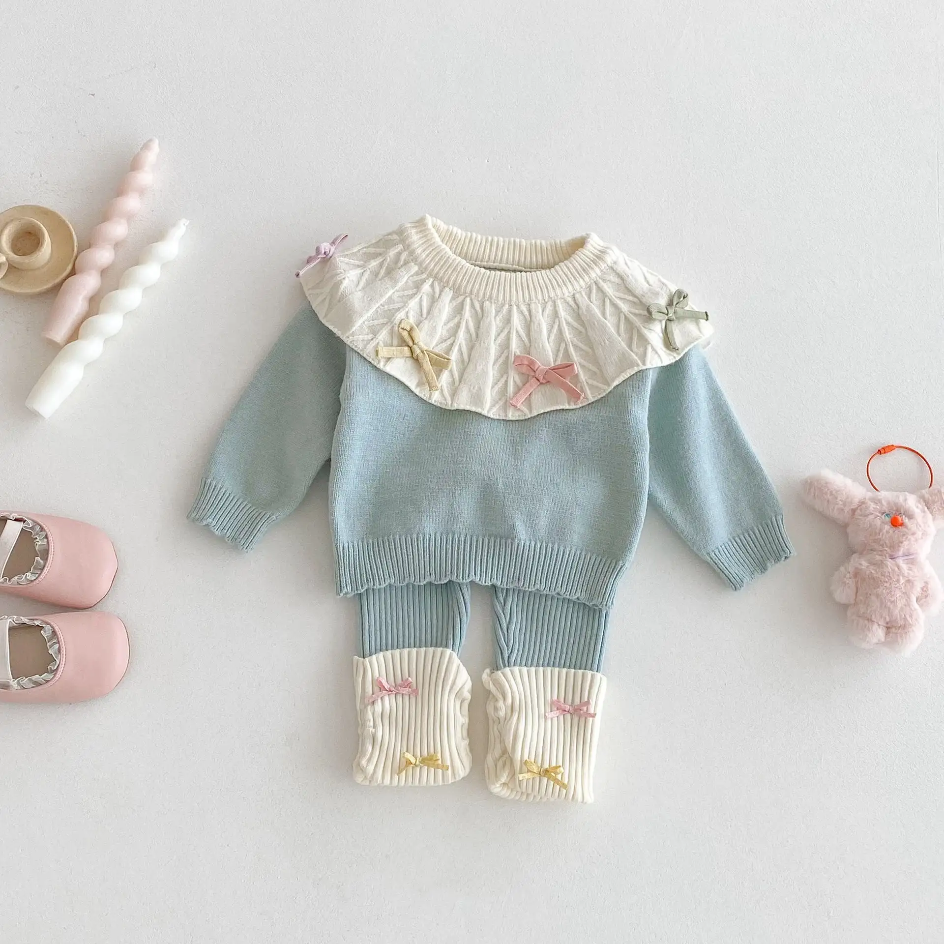 【66-100cm】ブルーニット可愛いセットアップ