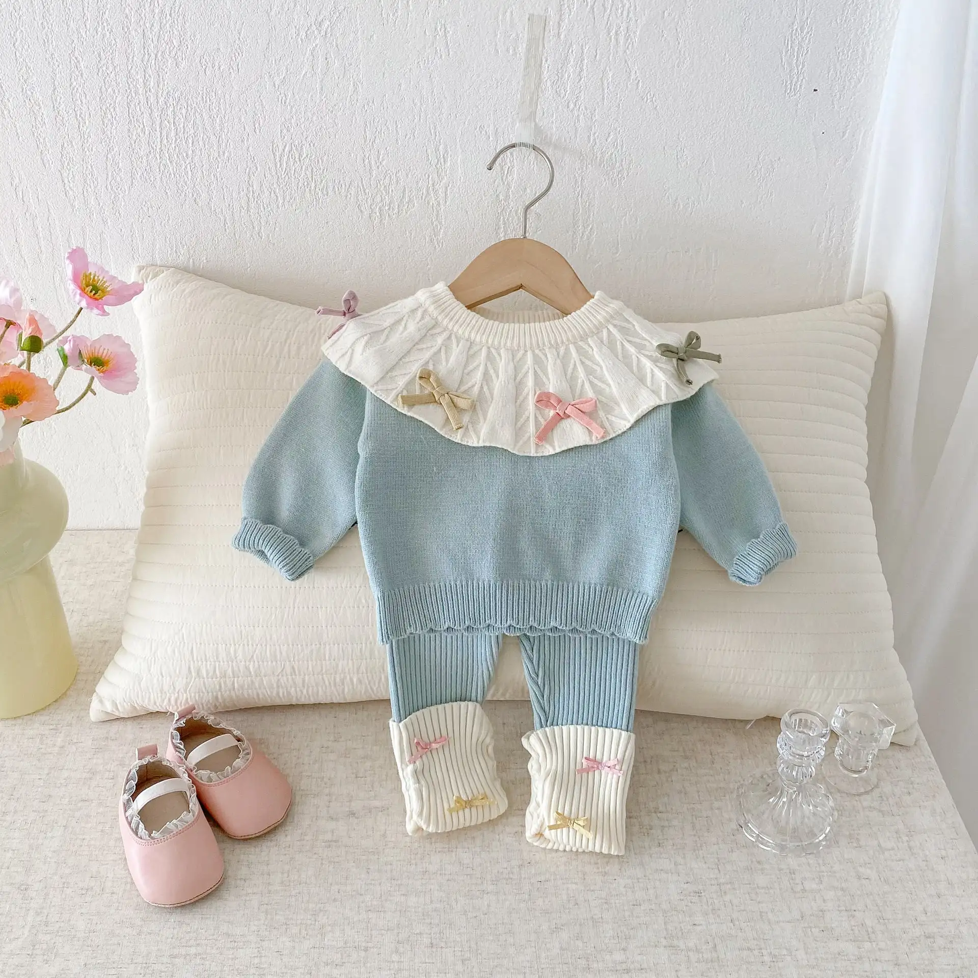 【66-100cm】ブルーニット可愛いセットアップ