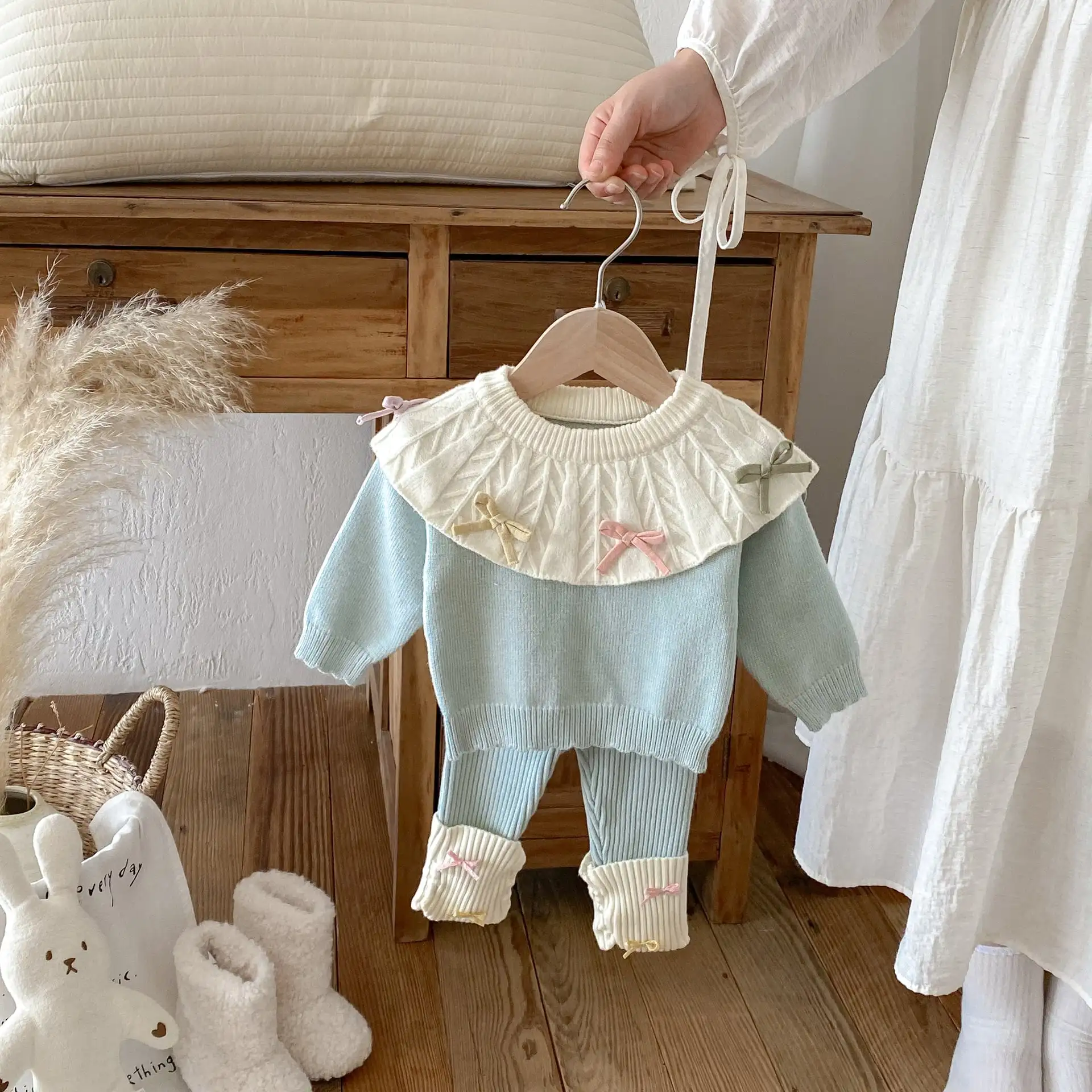 【66-100cm】ブルーニット可愛いセットアップ