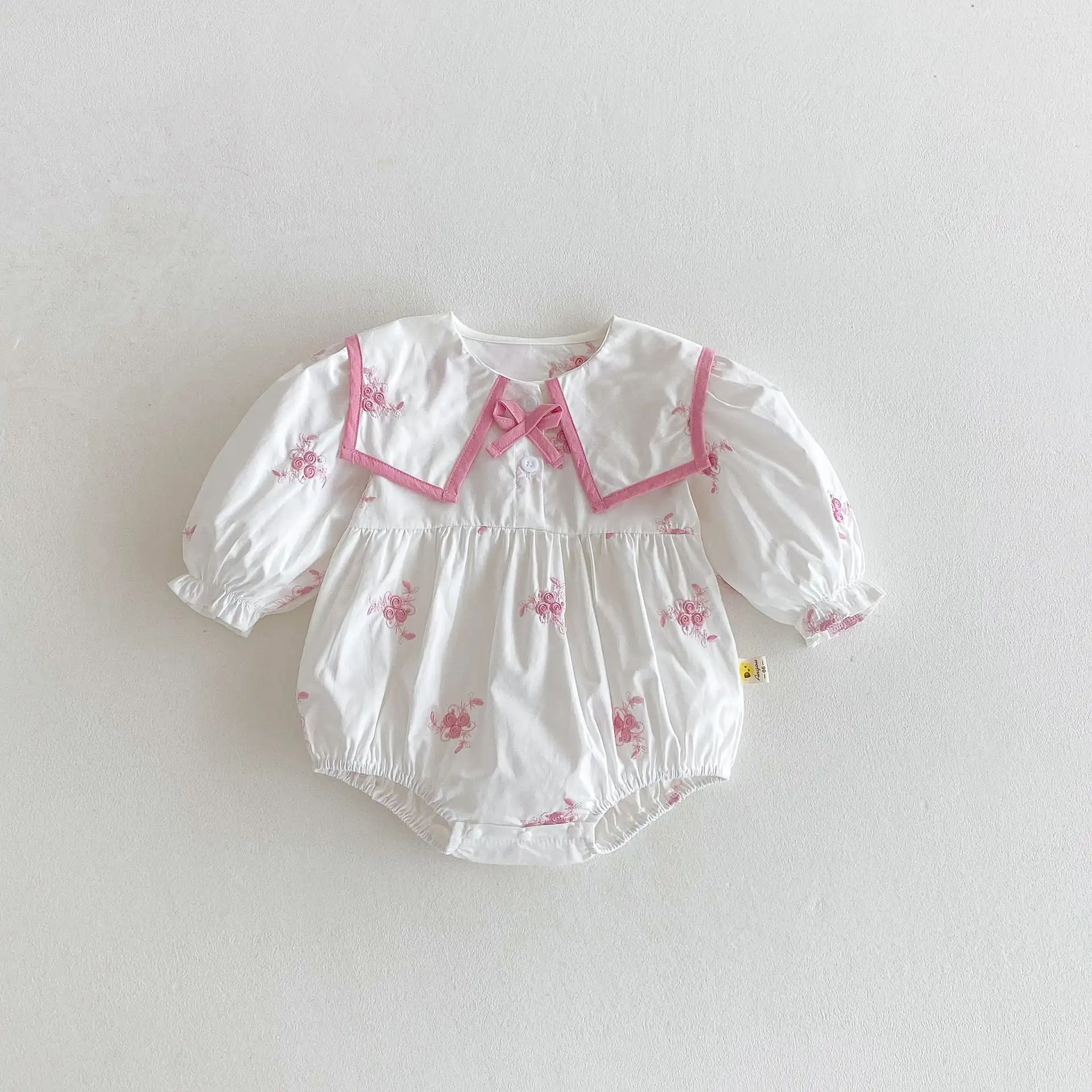 【66-110cm】ピンクフラワー刺繡ロンパース、ワンピース