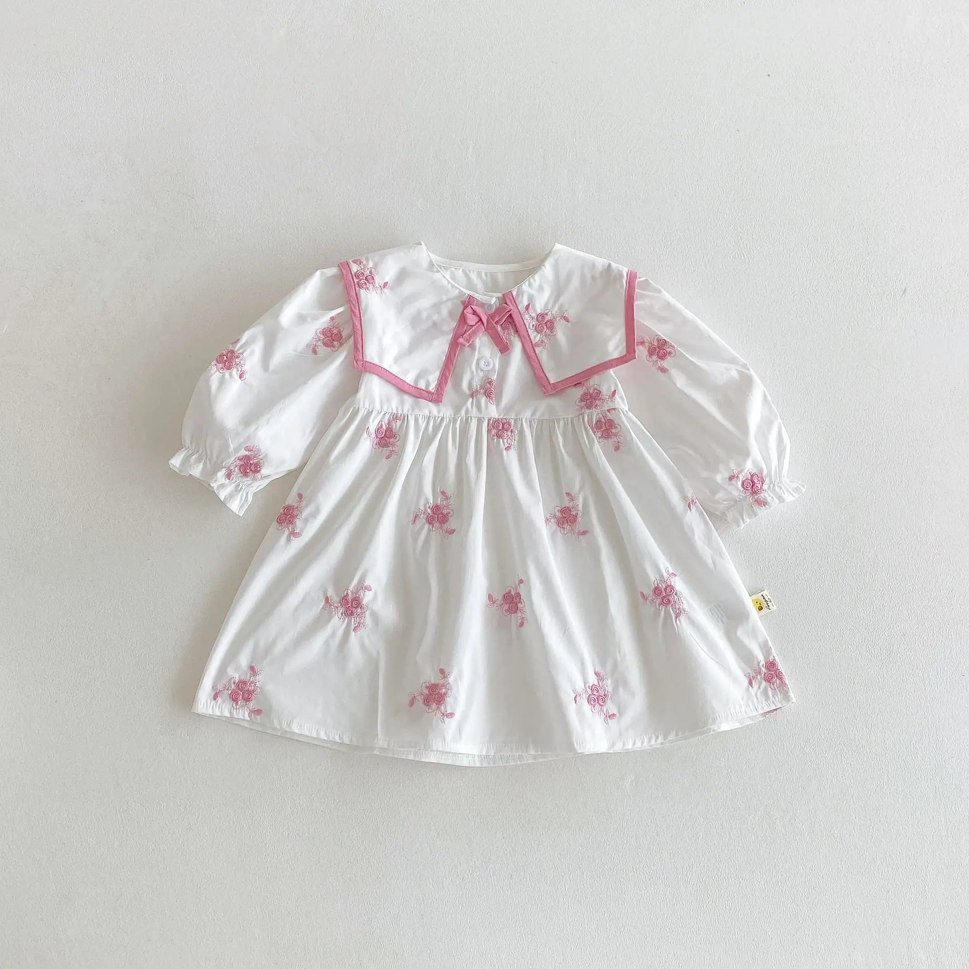 【66-110cm】ピンクフラワー刺繡ロンパース、ワンピース