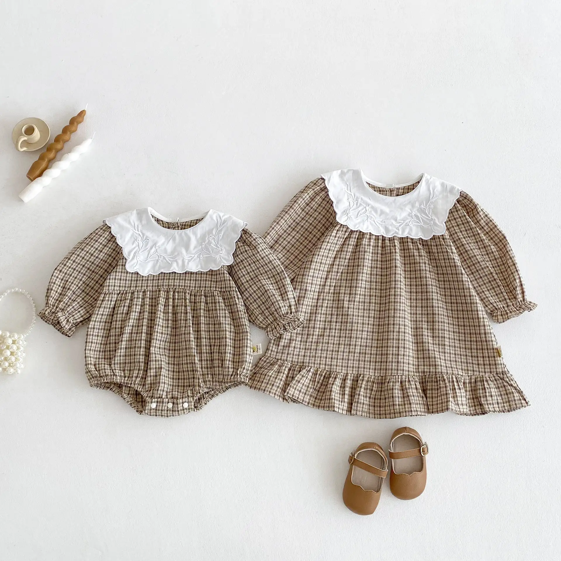 【66-130cm】姉妹服カーキチェックロンパース/ワンピース