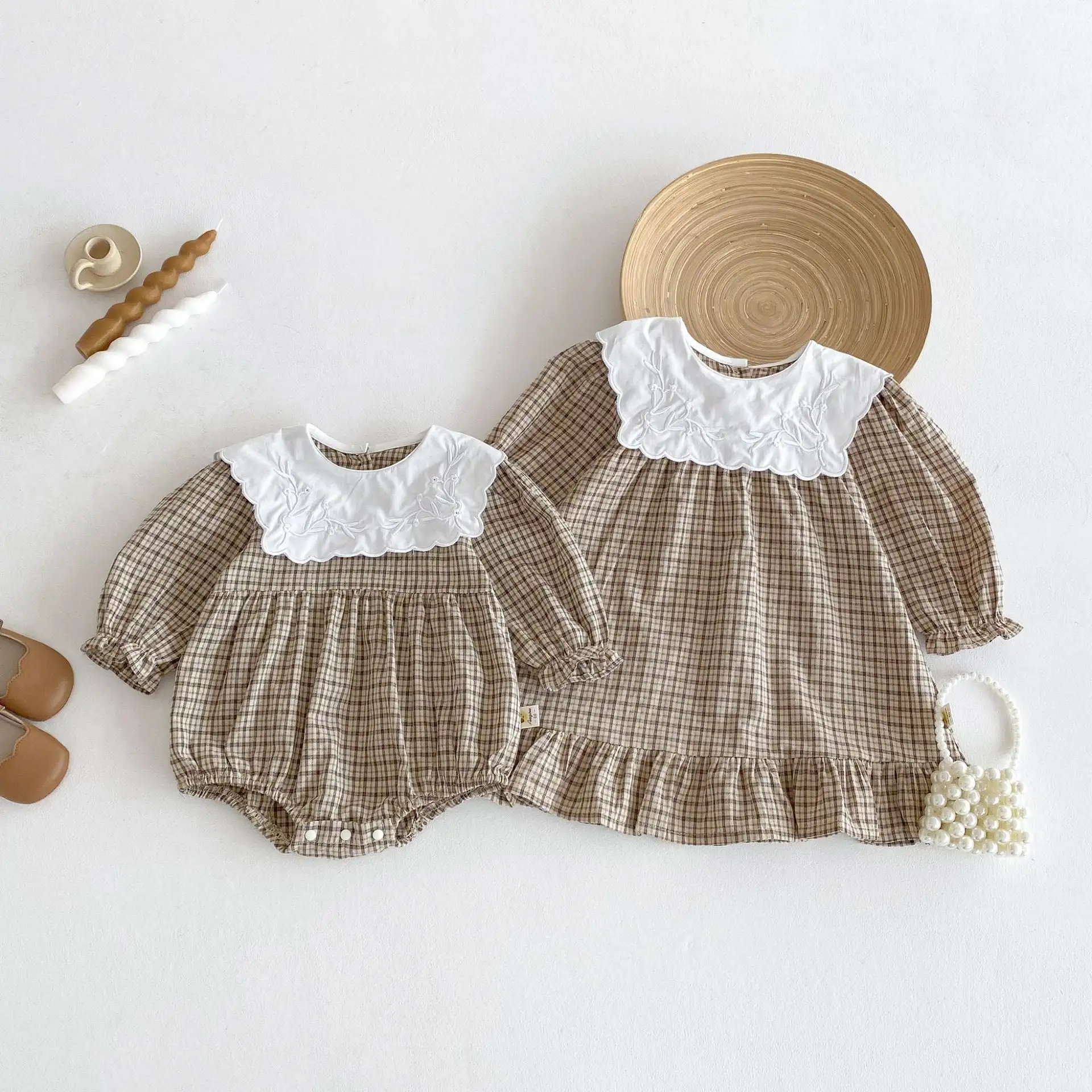 【66-130cm】姉妹服カーキチェックロンパース/ワンピース