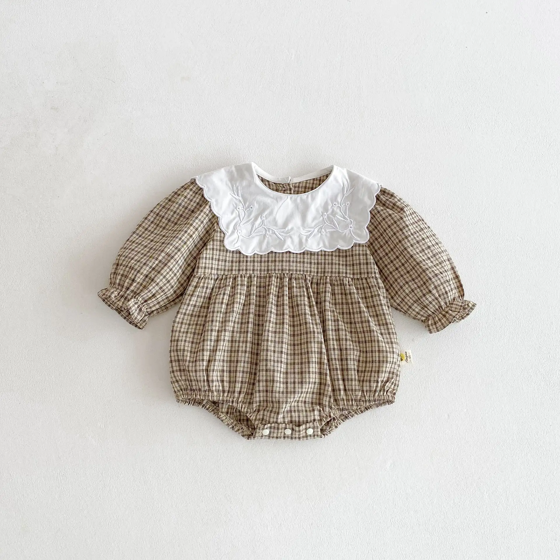 【66-130cm】姉妹服カーキチェックロンパース/ワンピース