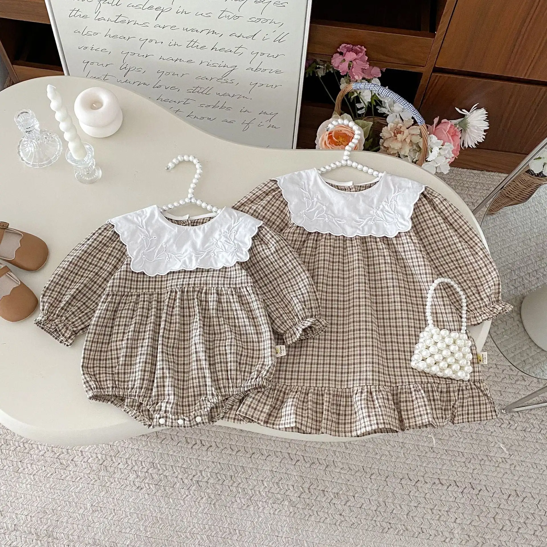 【66-130cm】姉妹服カーキチェックロンパース/ワンピース